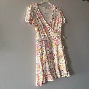 Floral Wrap Dress with shades of pink orange and yellow v neckline mini dress